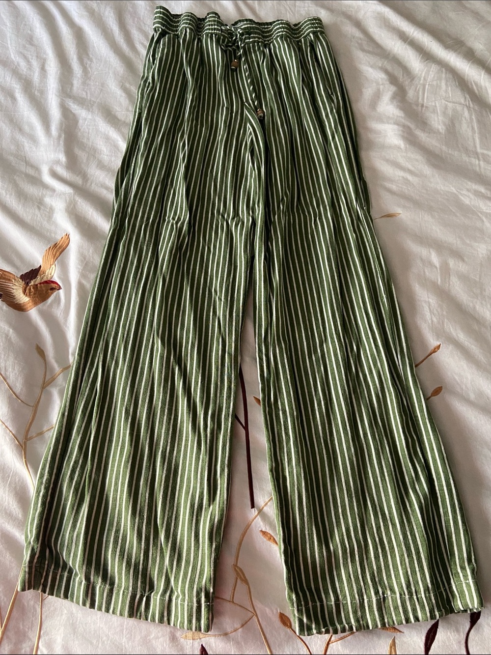 Zara Green & White Striped Wide-Leg Casual Pants Drawstring L EUC